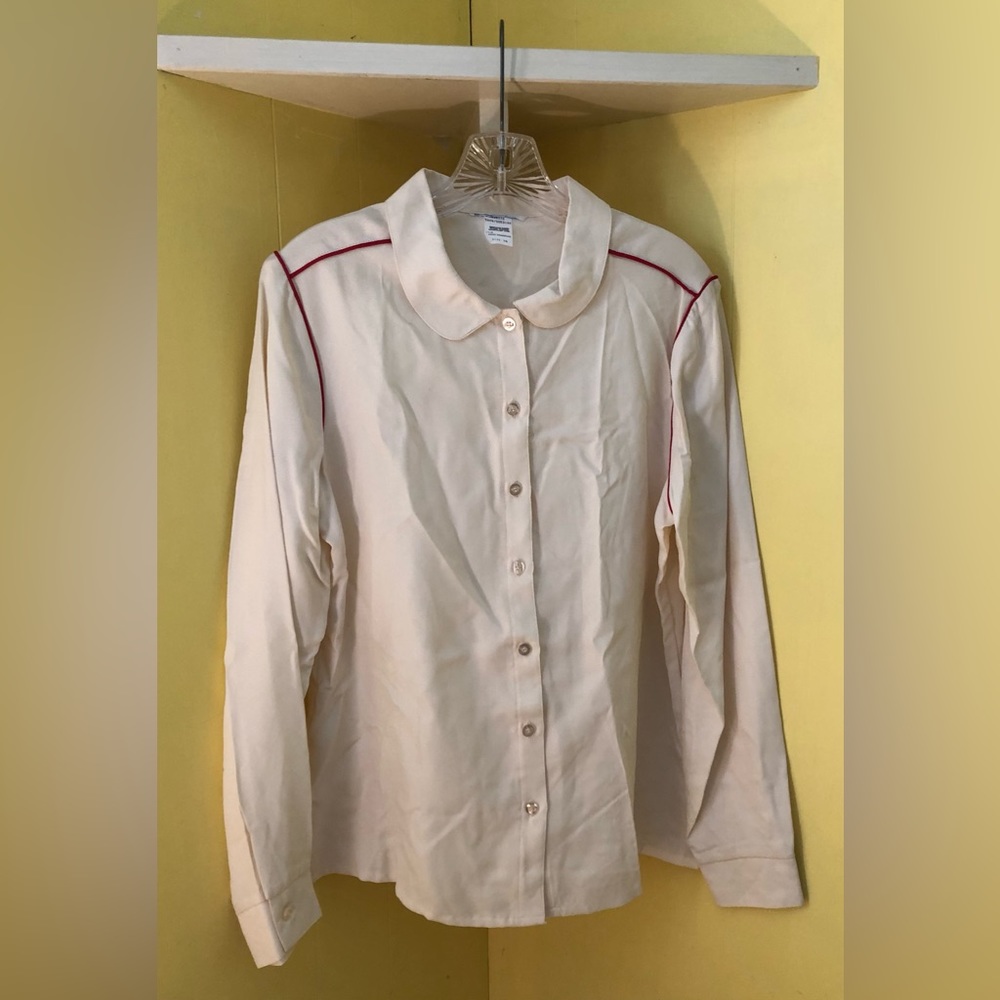 My mystery blouse! No tags. Appears unworn. Cute piping. Size 16.